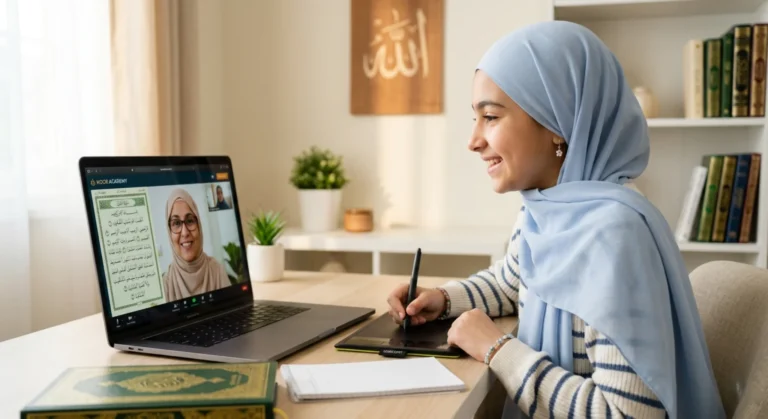 Fix Quran pronunciation through an online Tajweed class with a female tutor on video call