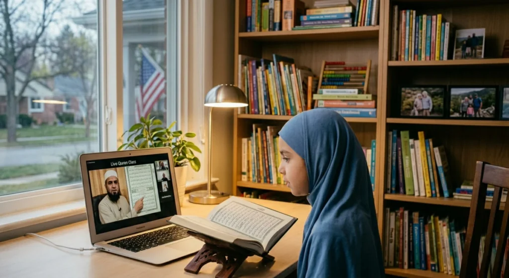 Student attending a live Quran class online through laptop with personalized Quran learning support