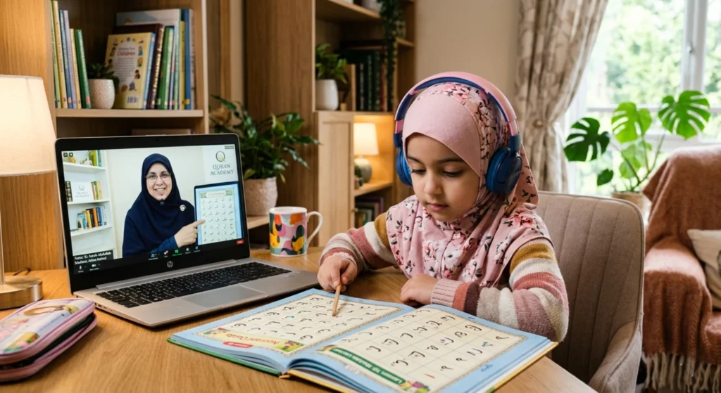 Child practicing Noorani Qaida during online Quran class with teacher on laptop screen
