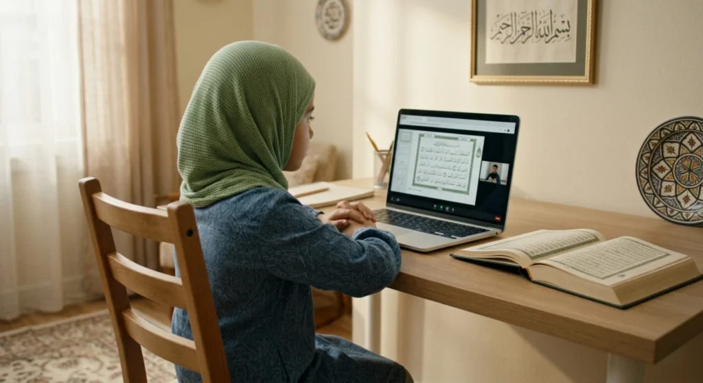 can online quran classes replace madrasa girl attending online quran class from home on laptop