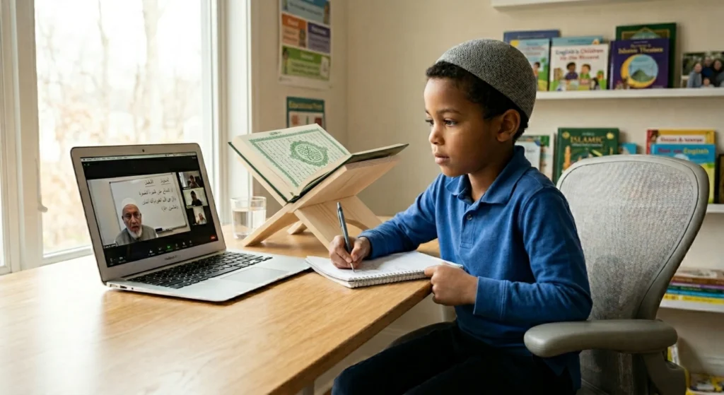 can online quran classes replace madrasa child learning quran online at home with teacher on laptop
