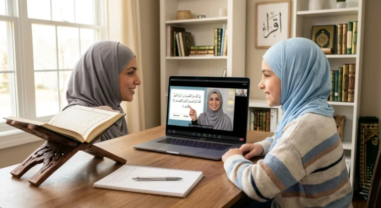 Personalized Quran learning online with a mother and child attending a live virtual class at home