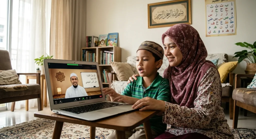 Child with parent support learning online to fix Quran pronunciation with a qualified teacher