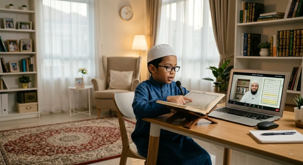 Young boy learning to fix Quran pronunciation while reciting from the Quran during an online class