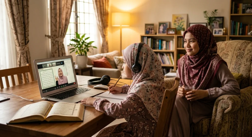 Parent watching child attend online Quran class at home with teacher on laptop