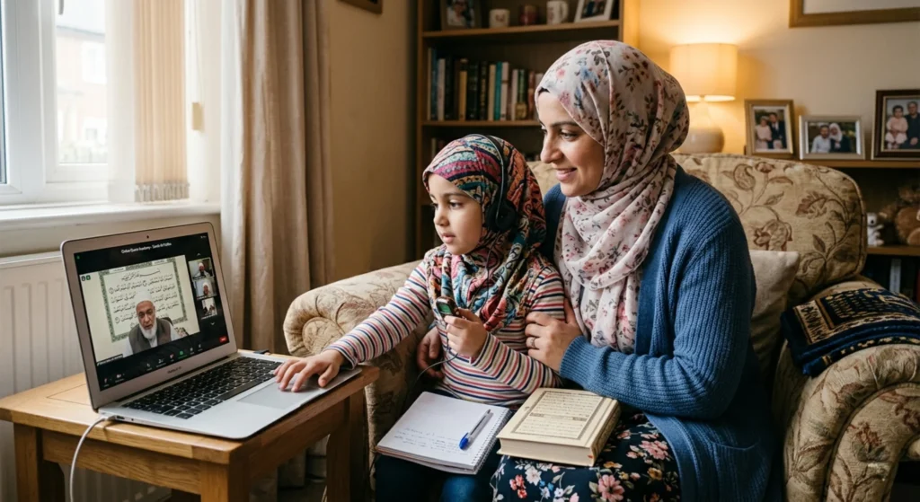 Child learning Quran online with parent support in a personalized Quran learning session