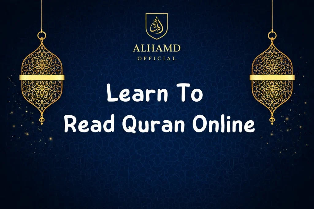 Learn To Read Quran Online cover with Alhamd Official logo, golden lanterns, and deep navy background featuring Islamic geometric patterns.