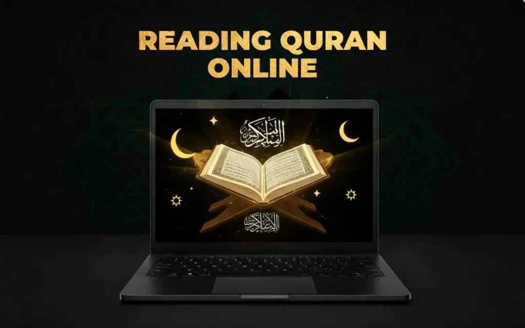 Laptop screen displaying glowing Quran on wooden stand with crescent moons, stars, and Arabic calligraphy, symbolizing reading Quran online