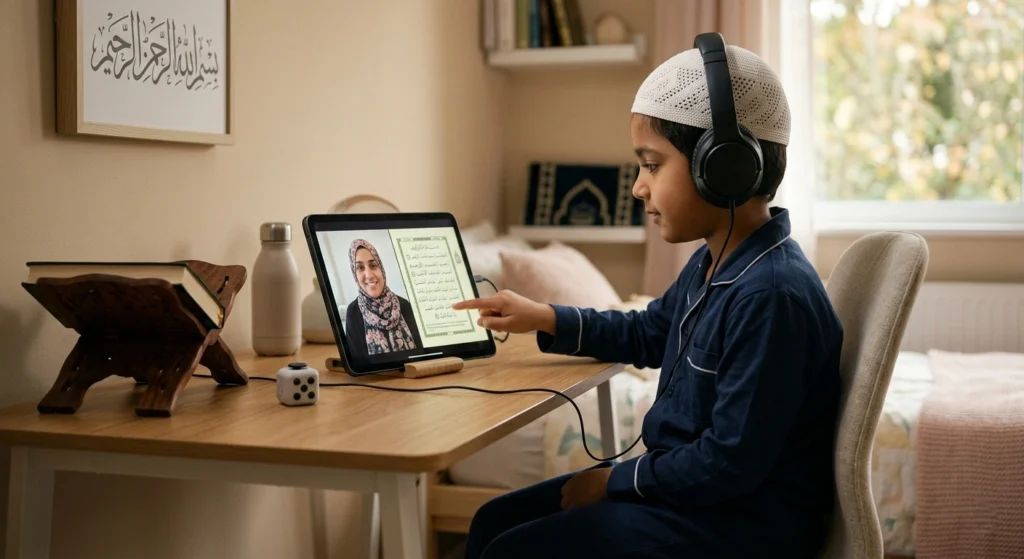 Female Quran teacher teaching the Quran virtually to the kid. 
