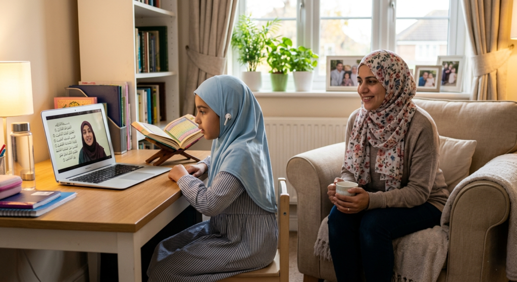What happens in first Quran class with a young girl attending an online Quran lesson at home while her mother watches and supports her learning.