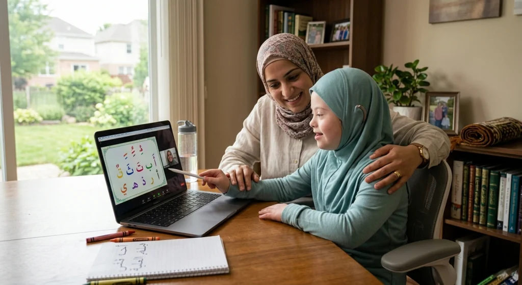 Specialized female Quran tutor teaching a girl who needs special attention.