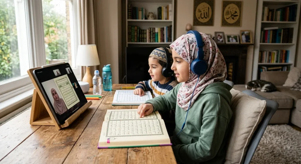 Two Muslim children wearing headphones study Quran together during an online learning session at home using a tablet.