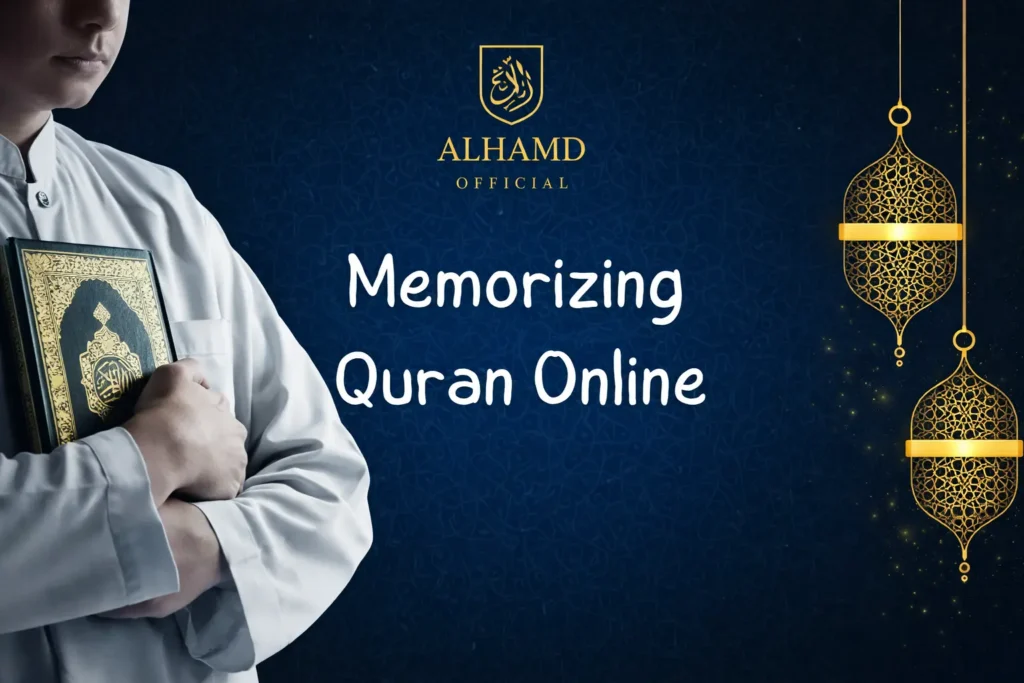 Memorizing Quran Online cover with Alhamd Official logo, golden lanterns, and a person holding the Quran against a deep navy background.