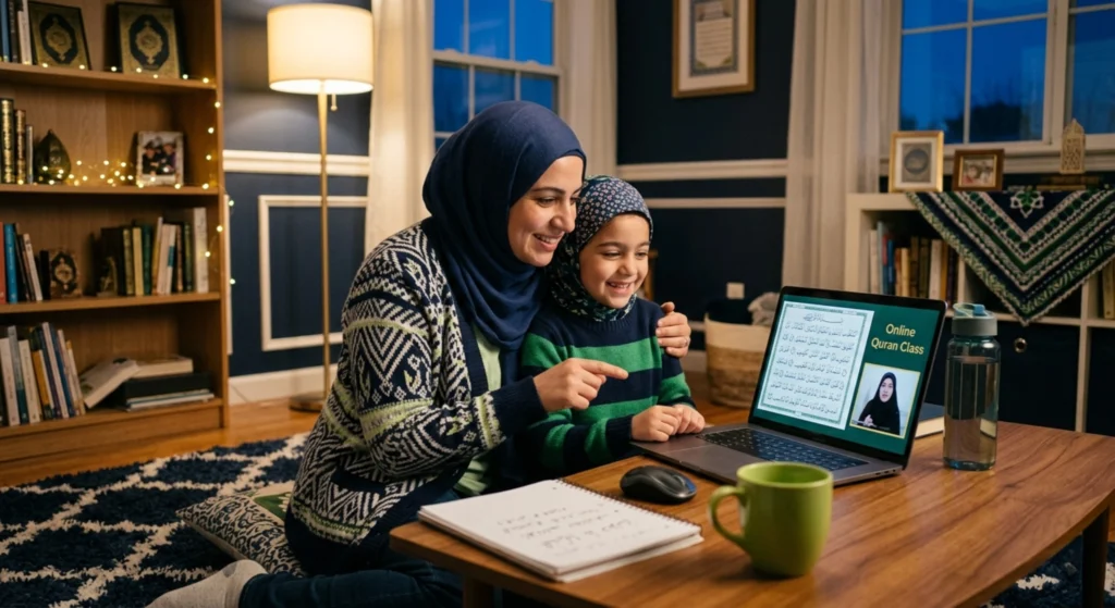 Mother guiding child during online Quran class at home (quran classes for kids usa price)