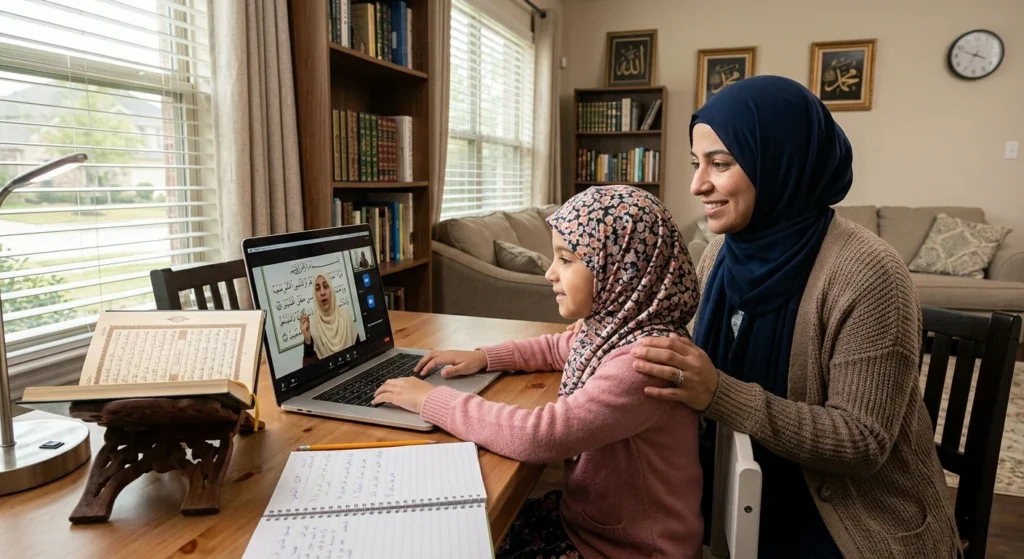 Muslim mother sitting beside her daughter while the child attends an online Quran class on a laptop at home.