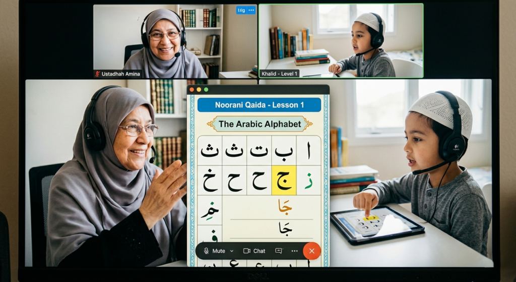 What happens in first Quran class as a child learns Noorani Qaida online with a teacher, practicing Arabic alphabet pronunciation during a live video lesson.