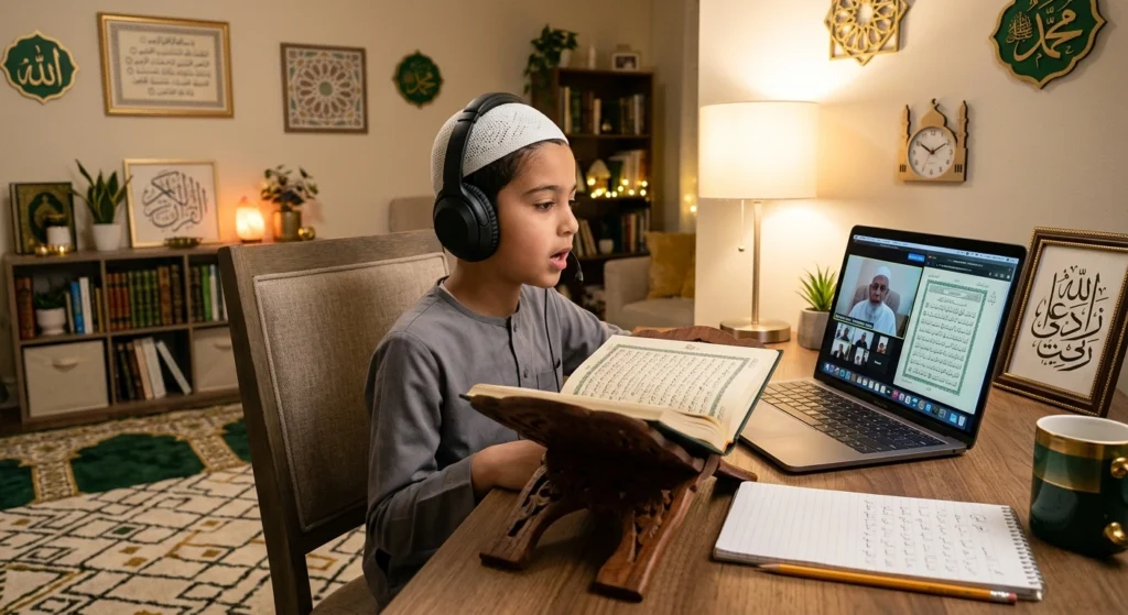 Young student learning with a Quran tutor for Tajweed during an online Quran class at home