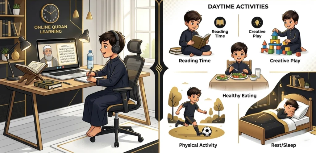 Daily routine showing balanced Quran learning schedule for kids including study, play, and rest (quran classes for kids usa price)