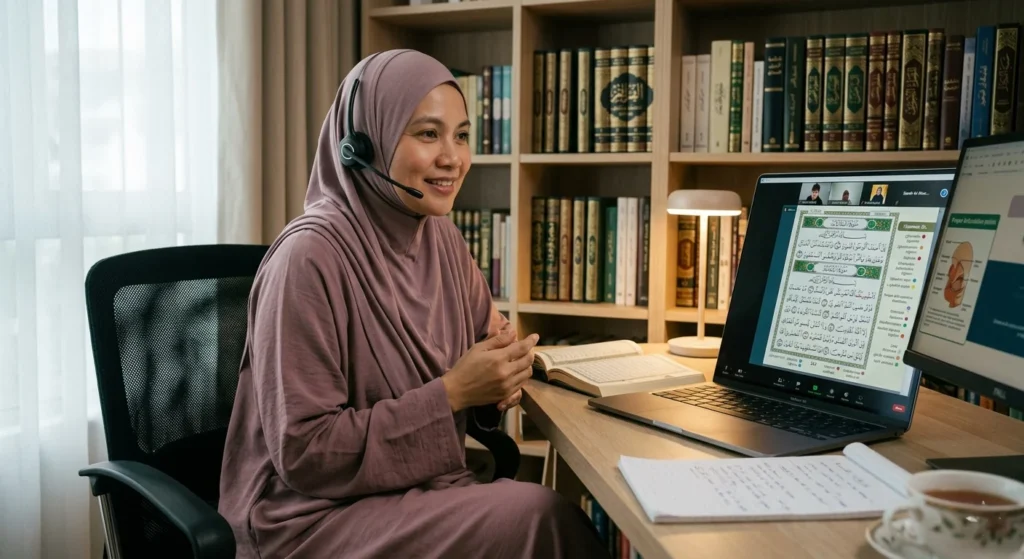 Female Muslim Quran teacher wearing a headset conducting an online Quran lesson from a home study with bookshelves in the background.