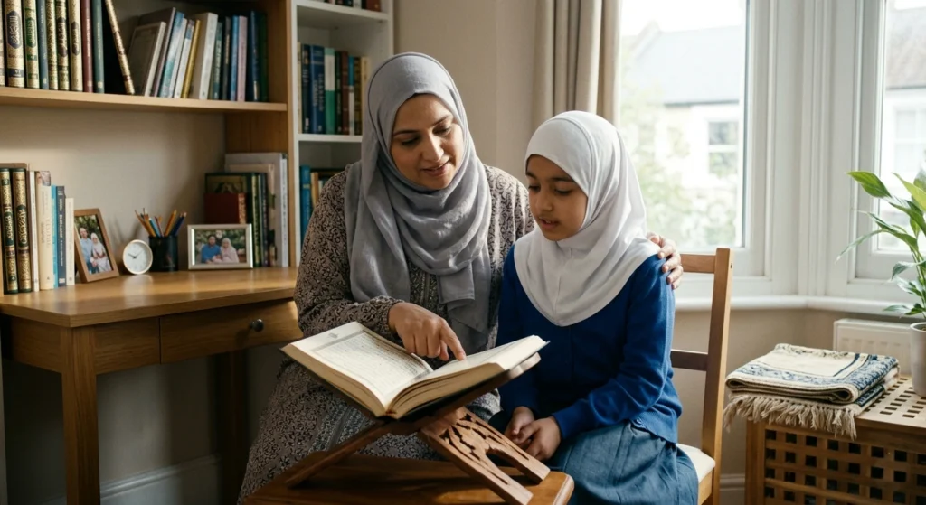 Mother helping her daughter practice Quran recitation for better fluency.