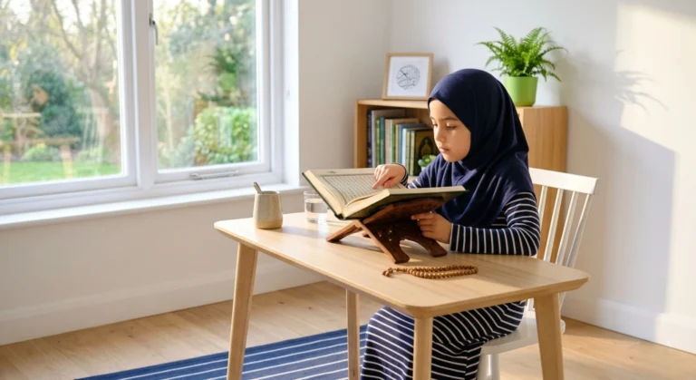 A focused Muslim child reading the Qur'an at a study desk in a peaceful home environment