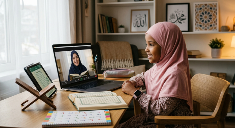 Young Muslim girl attending her first Quran class online at home, smiling while learning Arabic letters and Quran recitation with a female teacher on a laptop