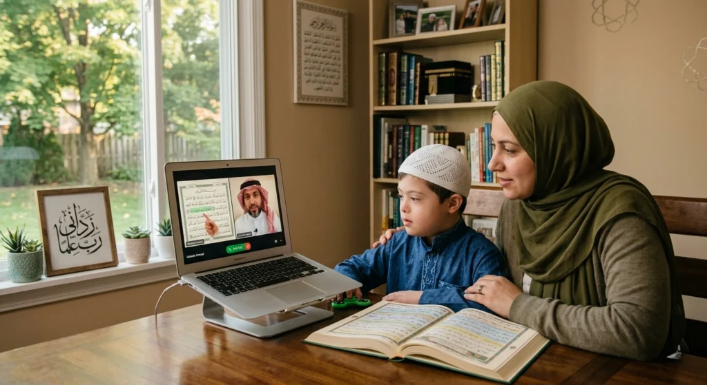 Mother and young boy attending an online Quran lesson together on a laptop at home with an open Quran on the table.