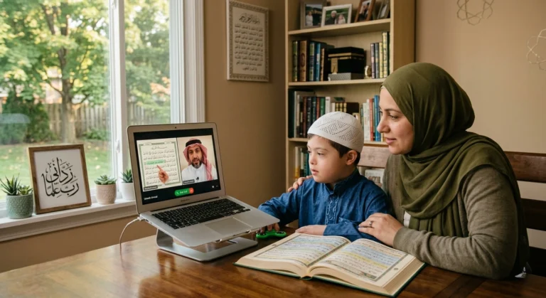 Mother and young boy attending an online Quran lesson together on a laptop at home with an open Quran on the table.