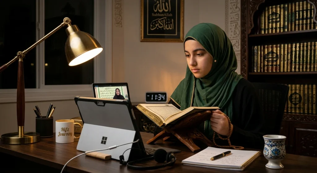 Teen girl studying Quran online with a Quran tutor for Tajweed during an evening memorization session