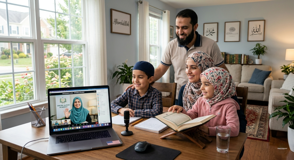 What happens in first Quran class as a Muslim family joins an online Quran lesson with a teacher on video call at home