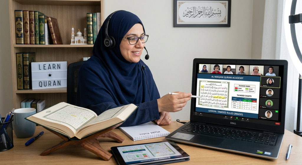 What happens in first Quran class when an online Quran teacher explains Tajweed rules and Quran recitation to students in a live virtual classroom