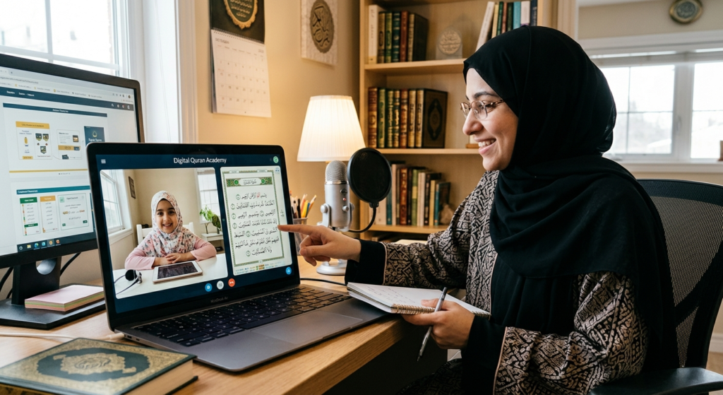 What happens in first Quran class during a one-on-one online Quran lesson where a female teacher guides a young student with Quran recitation and Tajweed practice