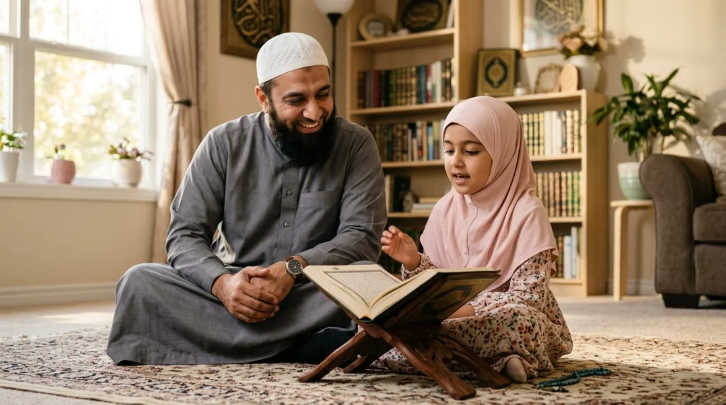 Father listening as his daughter confidently recites the Quran during a home learning session