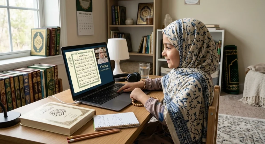 Young girl attending an online Quran learning session on a laptop while studying at a desk surrounded by books.