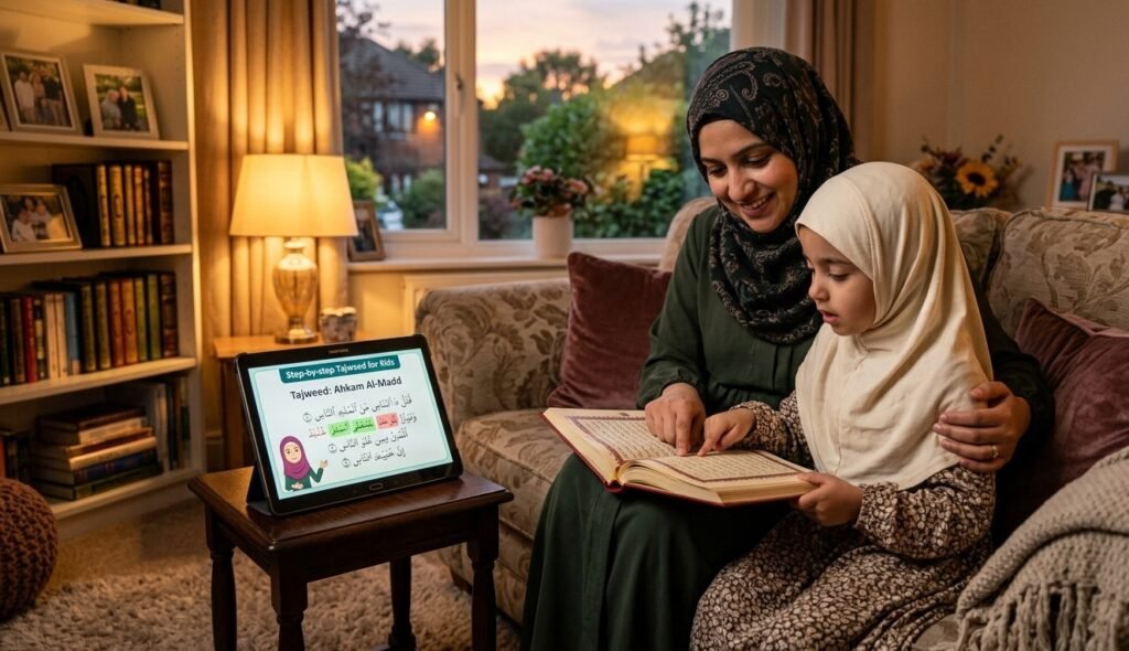 Mother and child reading the Quran together at home while following a digital Tajweed lesson on a tablet.