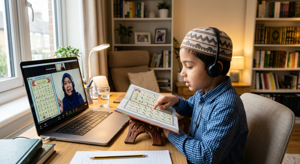 Young boy learning Quran online through a video lesson while reading from a Quran book with headphones on.