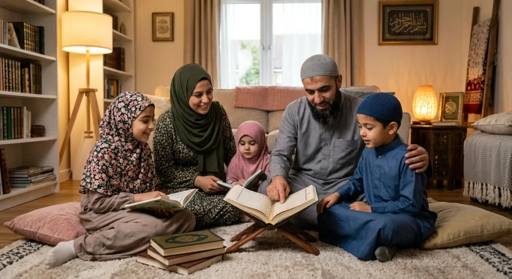 Muslim family reading Quran together at home and supporting children's Quran learning journey with Tajweed