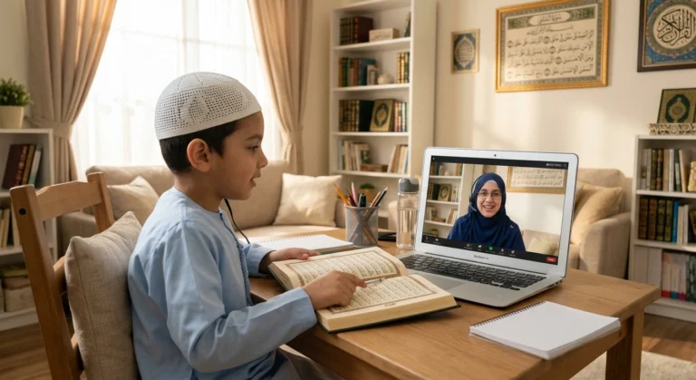 Child attending an online Quran class with Tajweed instruction from a teacher, learning Quran recitation at home in the USA