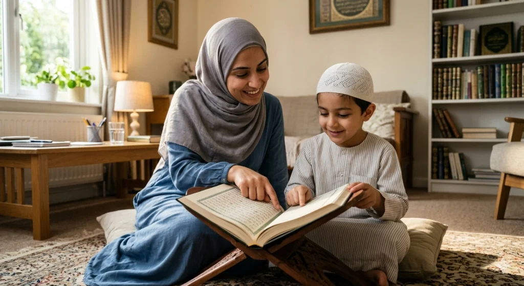 Parent helping a child read the Quran at home after completing Noorani Qaida and starting Quran learning.