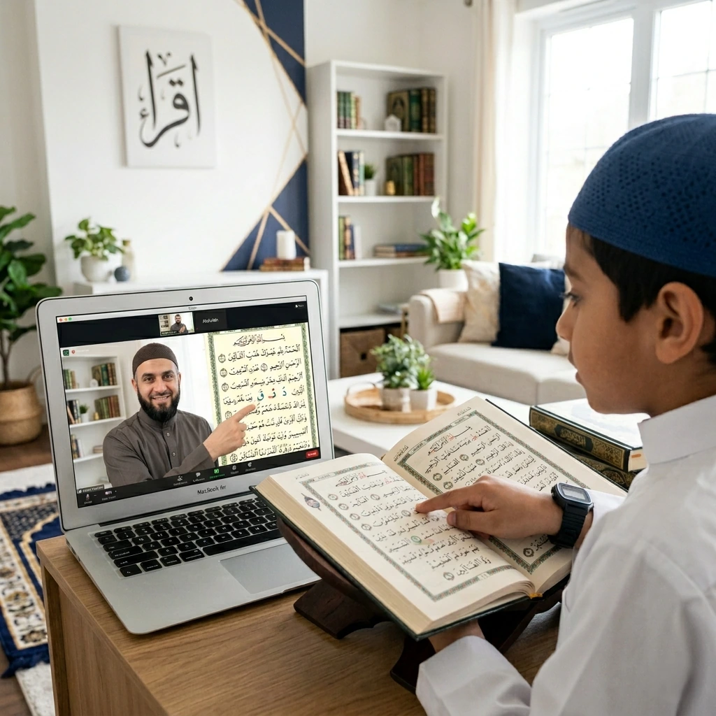 Qualified Quran teacher conducting an online Tajweed lesson with a young Muslim student reading the Quran from home