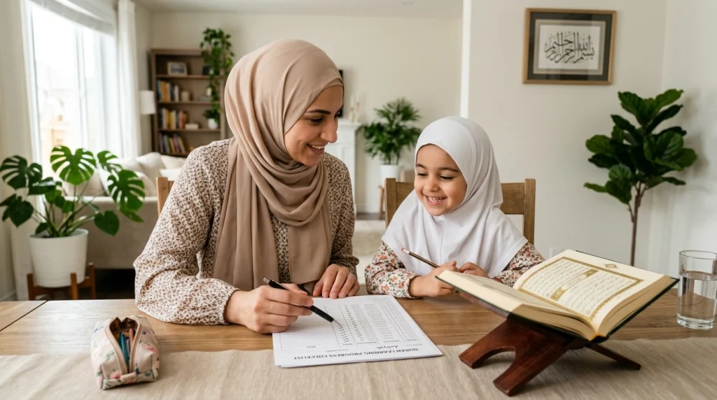 Mother tracking her child's Quran learning progress at home using a checklist while studying the Quran together