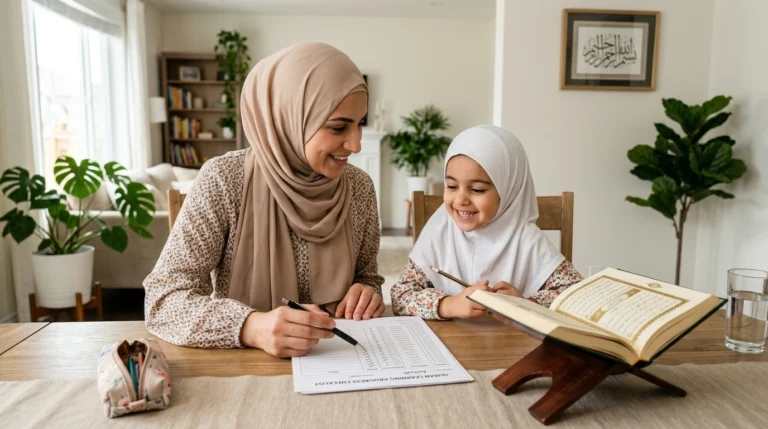 Mother tracking her child's Quran learning progress at home using a checklist while studying the Quran together
