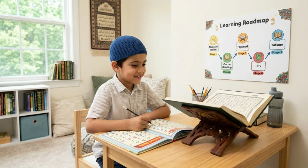 Child studying Quran after Noorani Qaida while following a Quran learning roadmap with Tajweed, Hifz, and Tafseer stages.