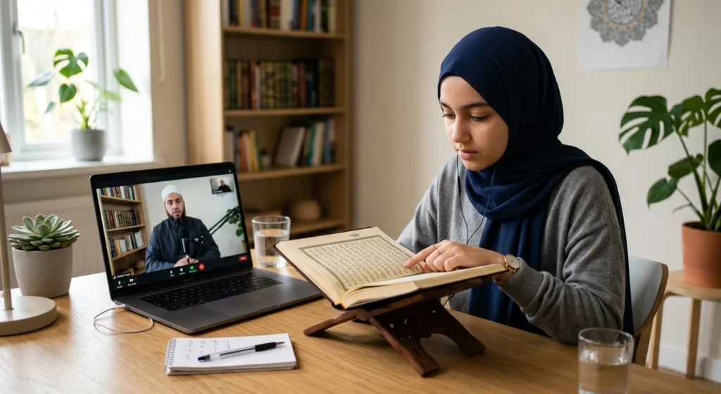 Teen student learning Quran online with Tajweed teacher and practicing Quran recitation from home in the USA