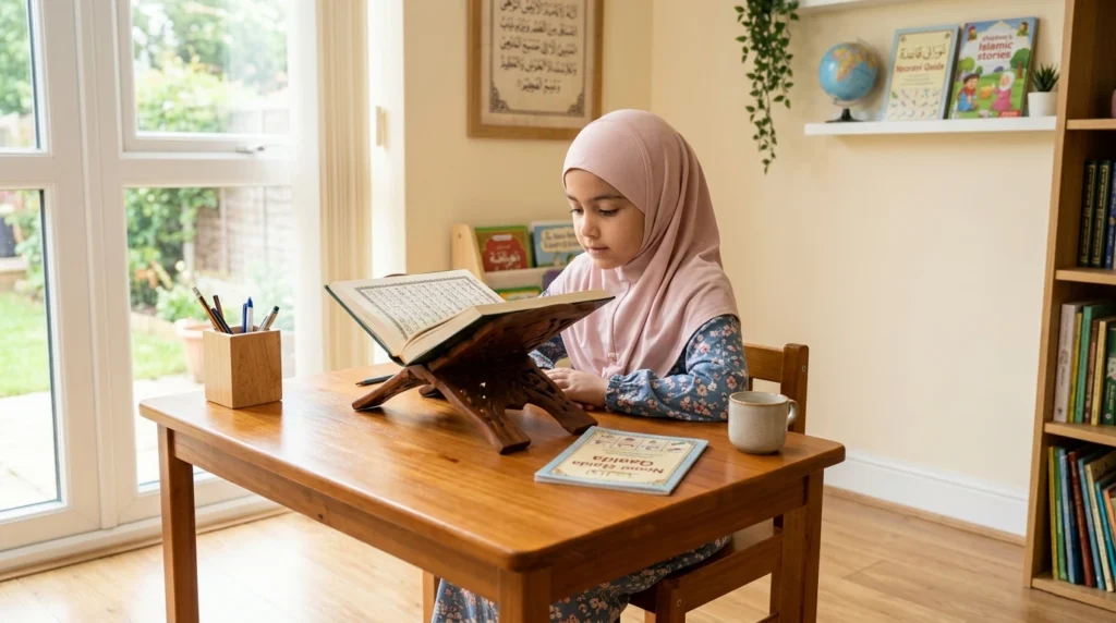 Young Muslim girl reading the Quran independently after Noorani Qaida while developing Tajweed and Quran fluency skills.