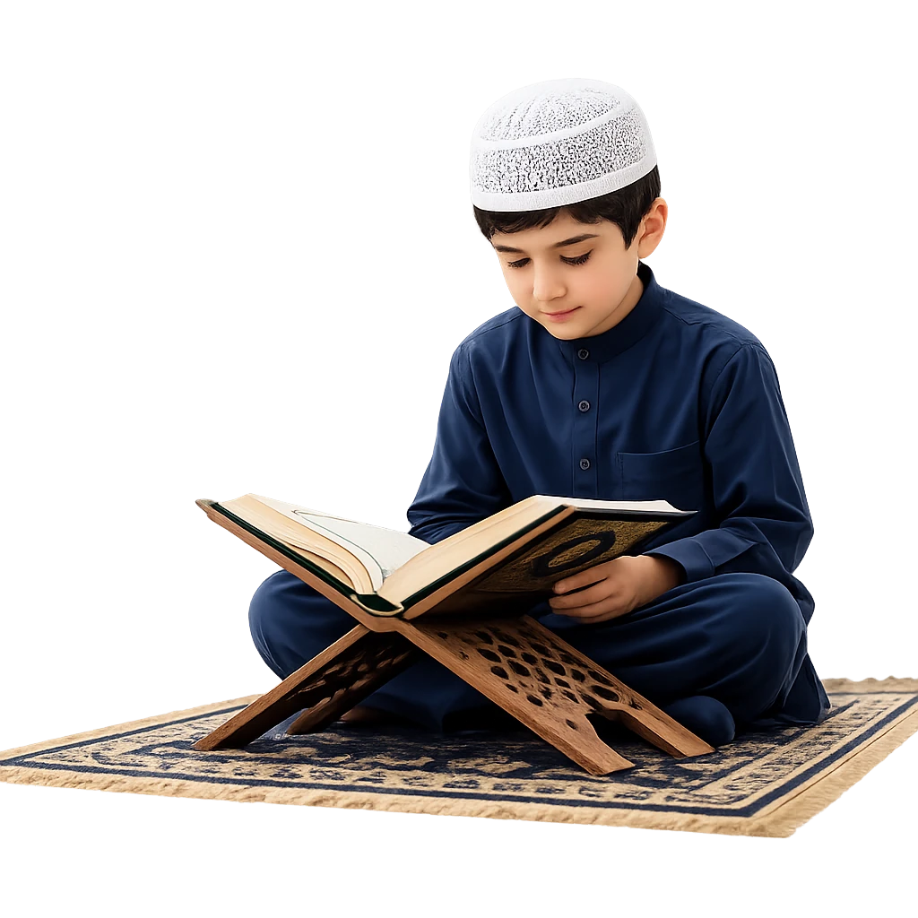 Young Muslim boy reading the Holy Quran for online Quran learning at Al-Hamd Islamic Center