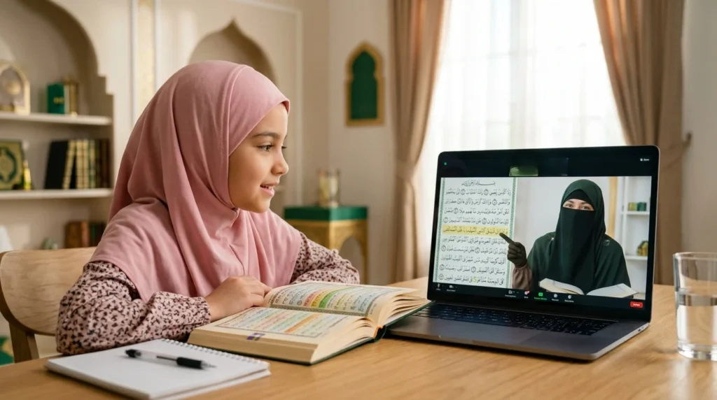 Young student attending a live online Quran class with a certified Tajweed teacher to improve Quran reading and pronunciation.