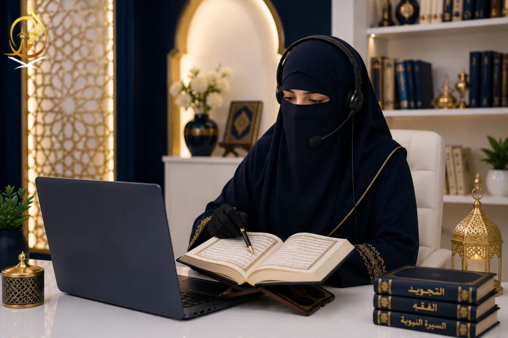 Female Quran teacher teaching a sister or young girl in a private online Quran class