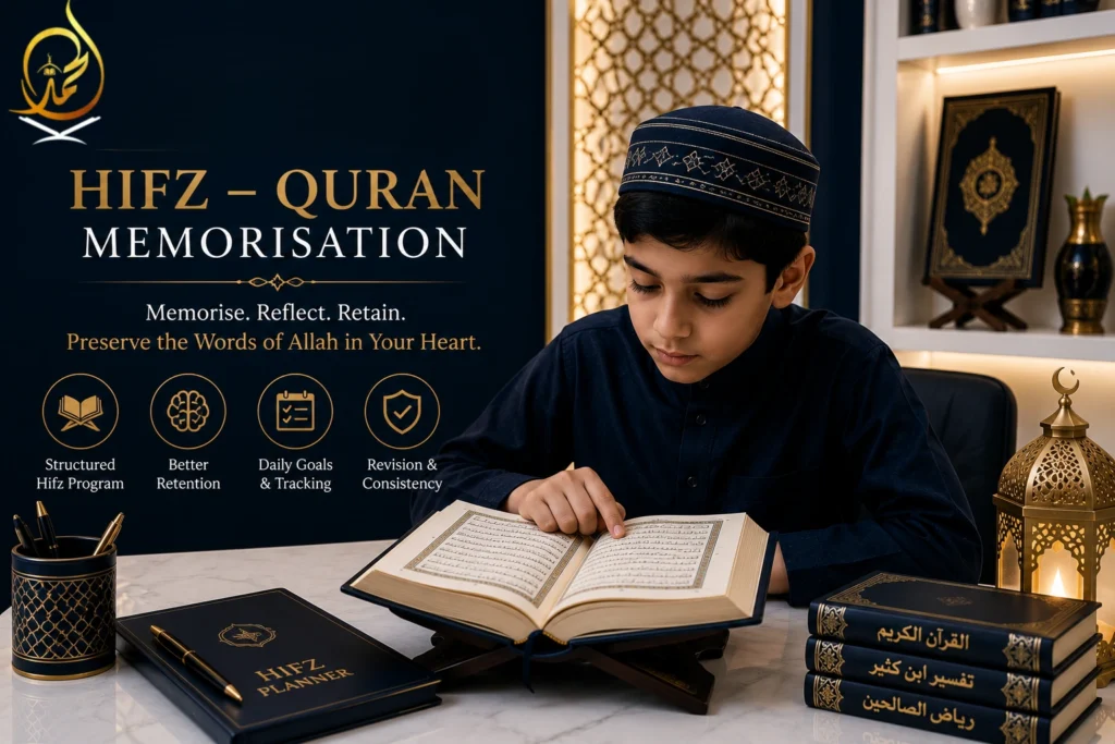 Infographic showing a student memorising the Holy Quran during a live online Hifz class with a qualified Quran tutor
