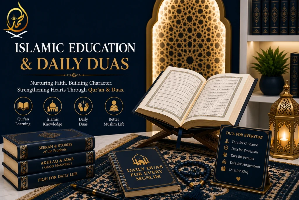 Infographic showing Islamic studies and daily duas with an online Islamic teacher